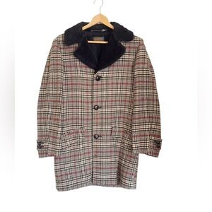 Vintage Pendleton Mens Wool Brown Red Black Plaid Faux Fur Lined Coat Jacket